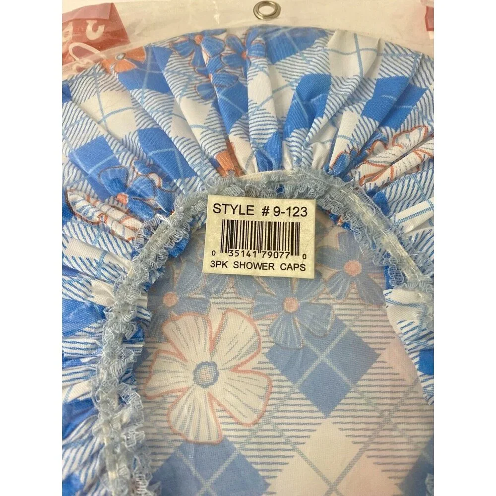3 Pack Deluxe Shower Caps Vinyl Durable Comfortable Floral Design Blue Yellow‎